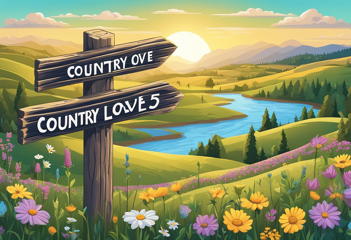 A rustic wooden signpost with "Country Love Quotes 51-75" in cursive lettering. Wildflowers and a rolling countryside in the background