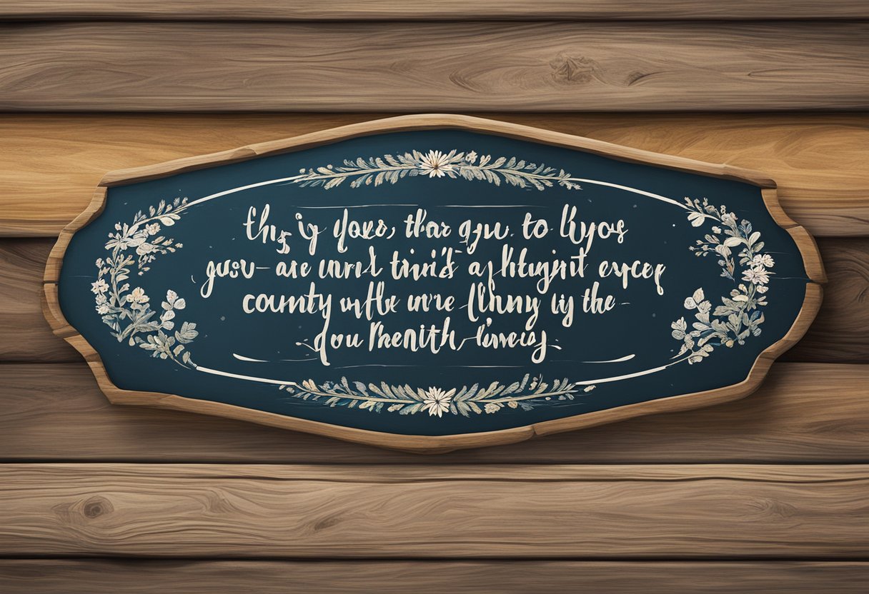 A rustic wooden sign with "Quotes 76-100 Country Love Quotes" painted in cursive sits against a backdrop of rolling hills and a serene country landscape