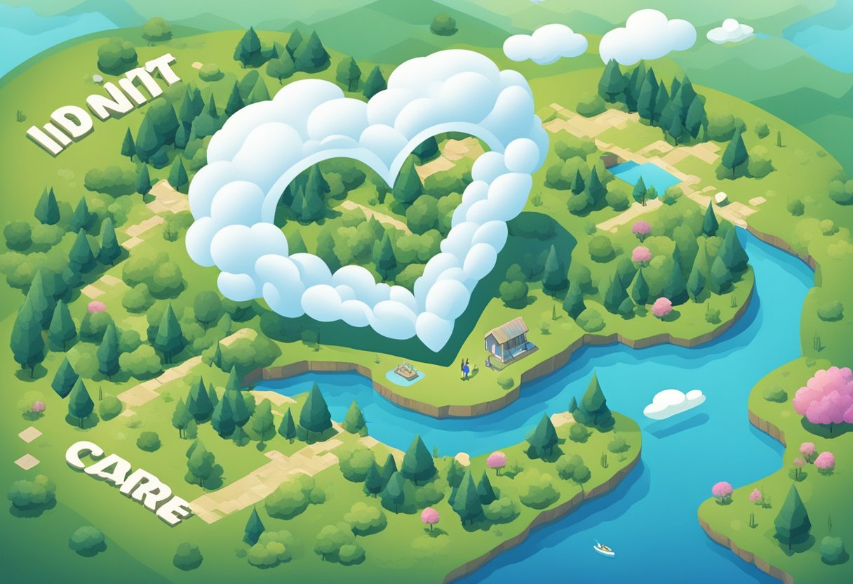 A heart-shaped cloud floats above a serene landscape, with the words "I don't care" written in bold, expressive letters
