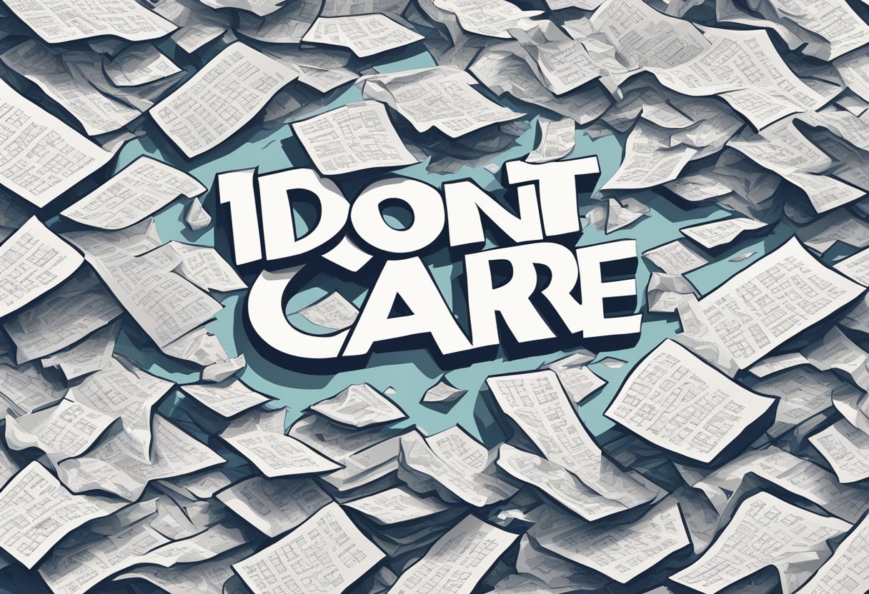 A pile of crumpled papers with the words "I don't care" written on them in various fonts and sizes