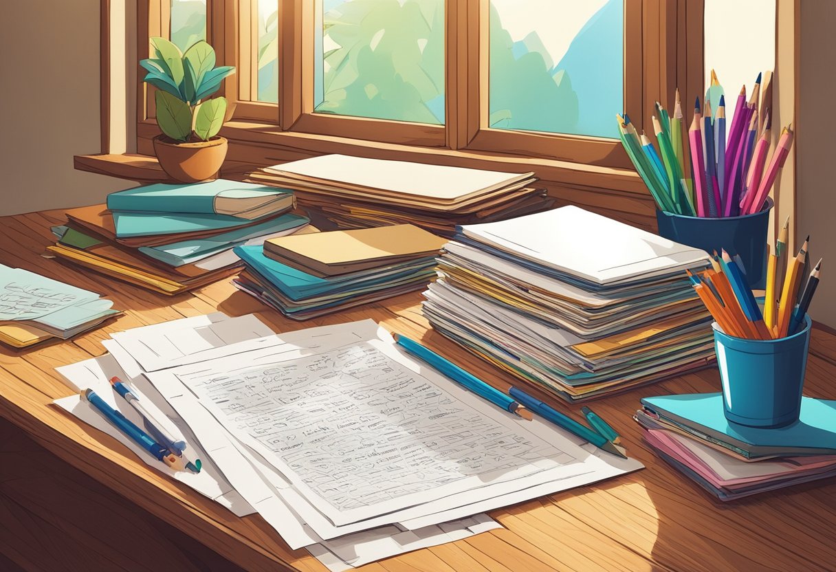 A stack of papers with handwritten quotes, surrounded by colorful pens and pencils, sitting on a wooden desk with soft natural light streaming in from a nearby window