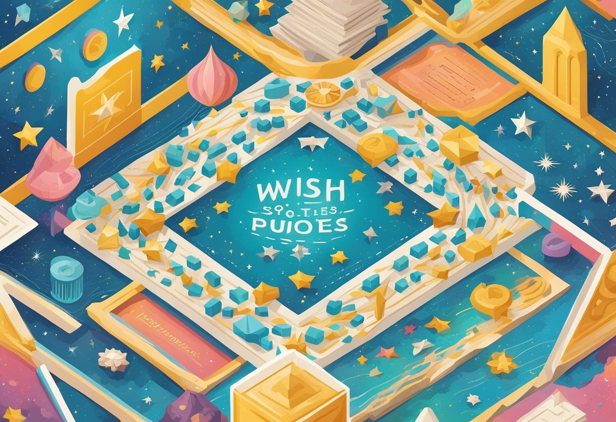 A collection of wish quotes arranged in a decorative pattern, surrounded by stars and swirling lines
