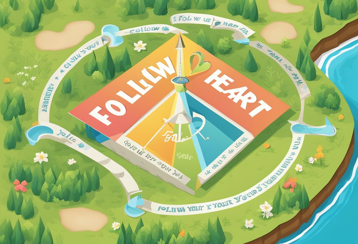 A heart-shaped compass pointing towards a path with "follow your heart" written in cursive above it
