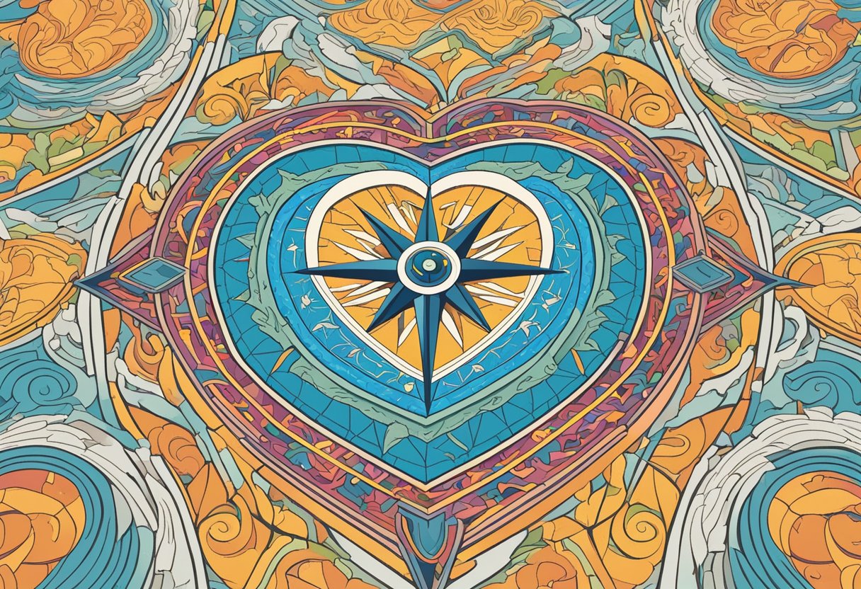 A heart-shaped compass pointing in various directions, surrounded by colorful, swirling paths