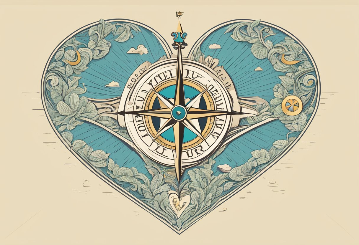 A heart-shaped compass pointing in the direction of a winding path with the words "follow your heart" written in bold, flowing script