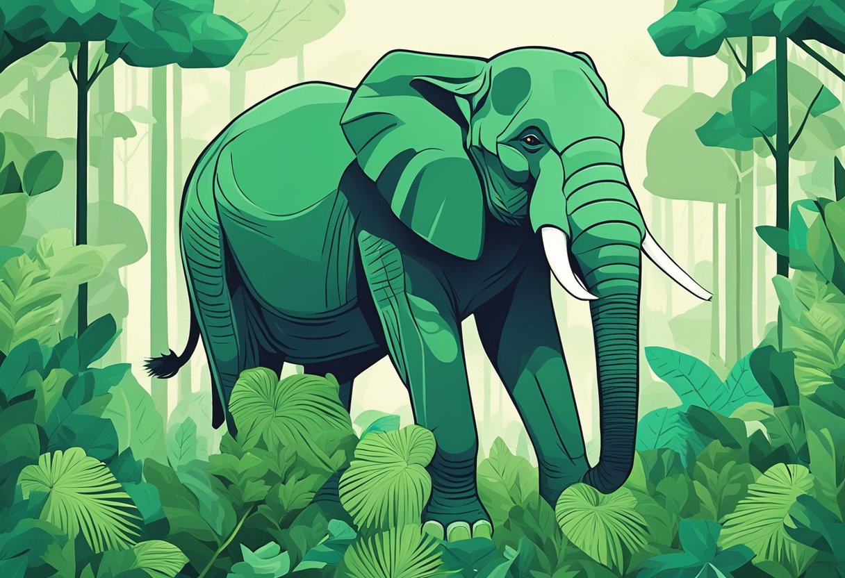 An elephant stands majestically in a lush green jungle, surrounded by tall trees and vibrant foliage. Its trunk is raised in a powerful and graceful gesture, exuding strength and wisdom