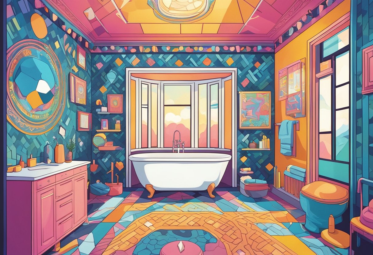 Colorful bathroom quotes adorn the walls, surrounded by vibrant patterns and playful designs. Light streams in through a frosted window, casting a warm glow over the space