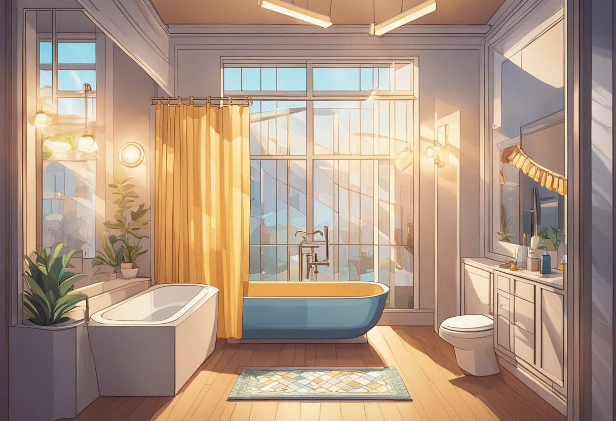 A bathroom with various quotes displayed on the walls, mirror, and shower curtain. Light streams in through a window, casting a warm glow on the space