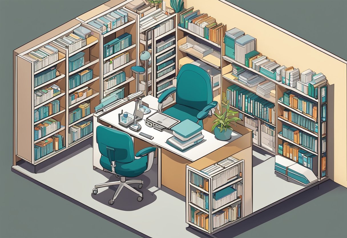 A doctor's office with shelves of medical books and a desk cluttered with papers, stethoscope, and a computer displaying a list of quotes