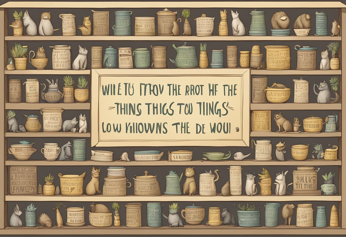 A collection of quotes from "Where the Wild Things Are" arranged on a wooden shelf with soft lighting casting gentle shadows