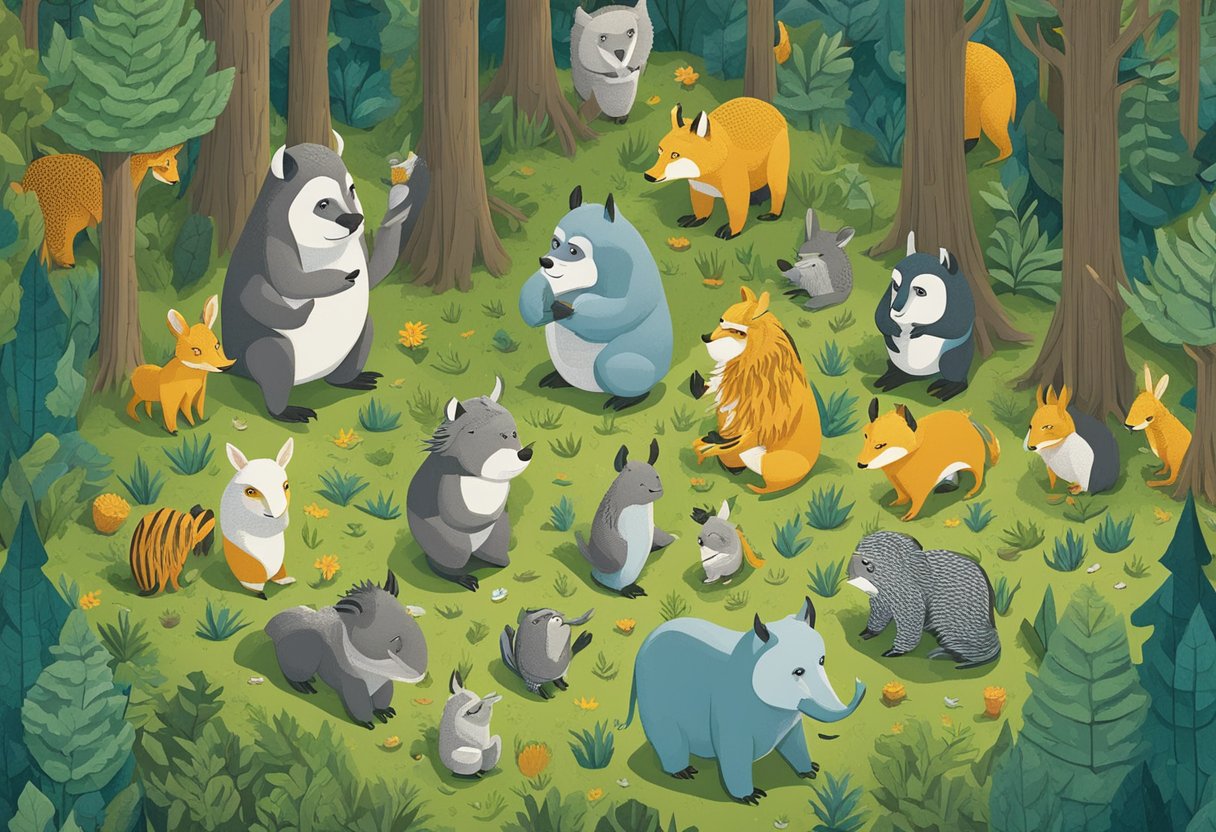 A group of wild creatures gather in a forest clearing, their eyes gleaming with mischief as they recite quotes from "Where the Wild Things Are."