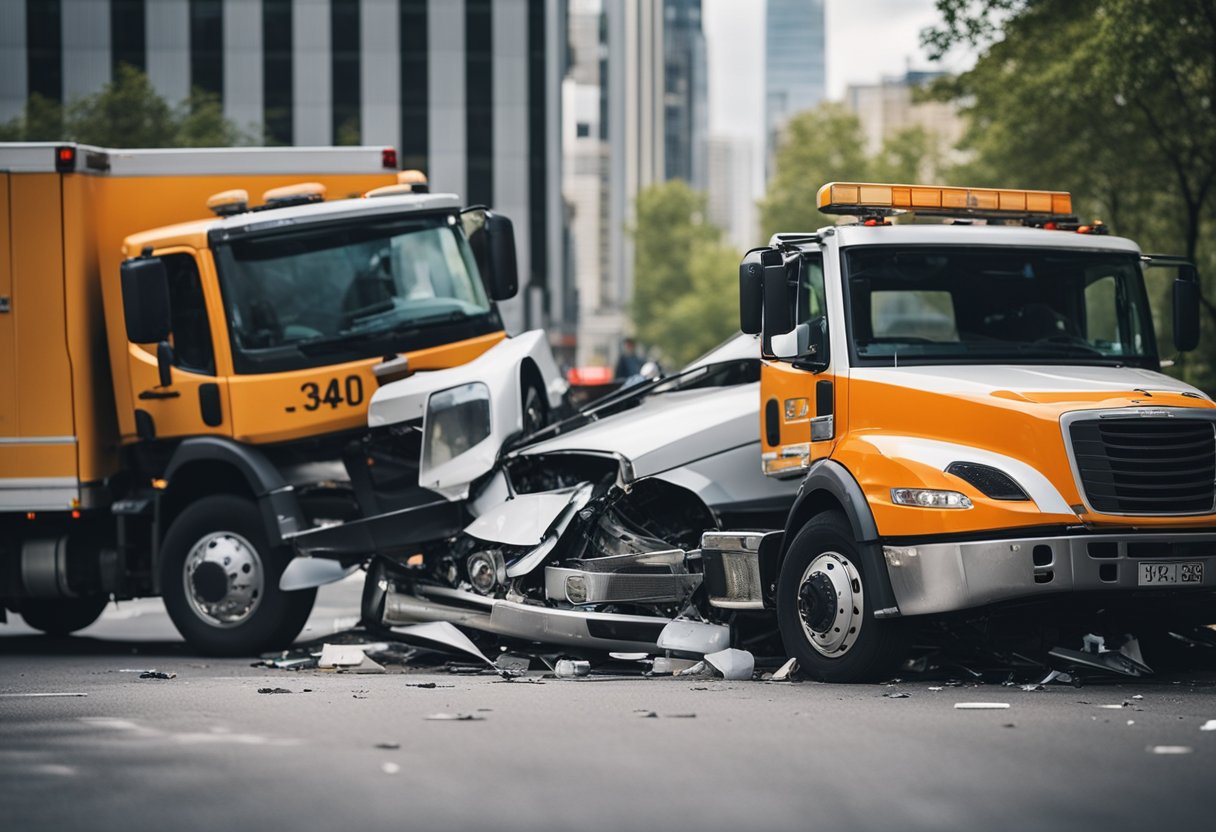 A truck crashed on a city road, with debris scattered and emergency vehicles on the scene