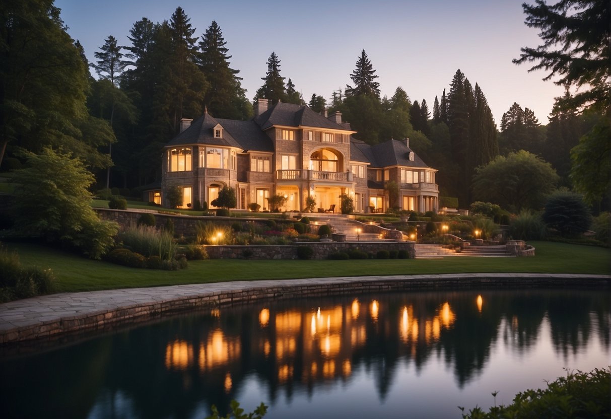 A luxurious home sits perched on a hill, surrounded by lush greenery and overlooking a serene lake. The sun sets in the background, casting a warm glow over the elegant architecture and manicured landscaping