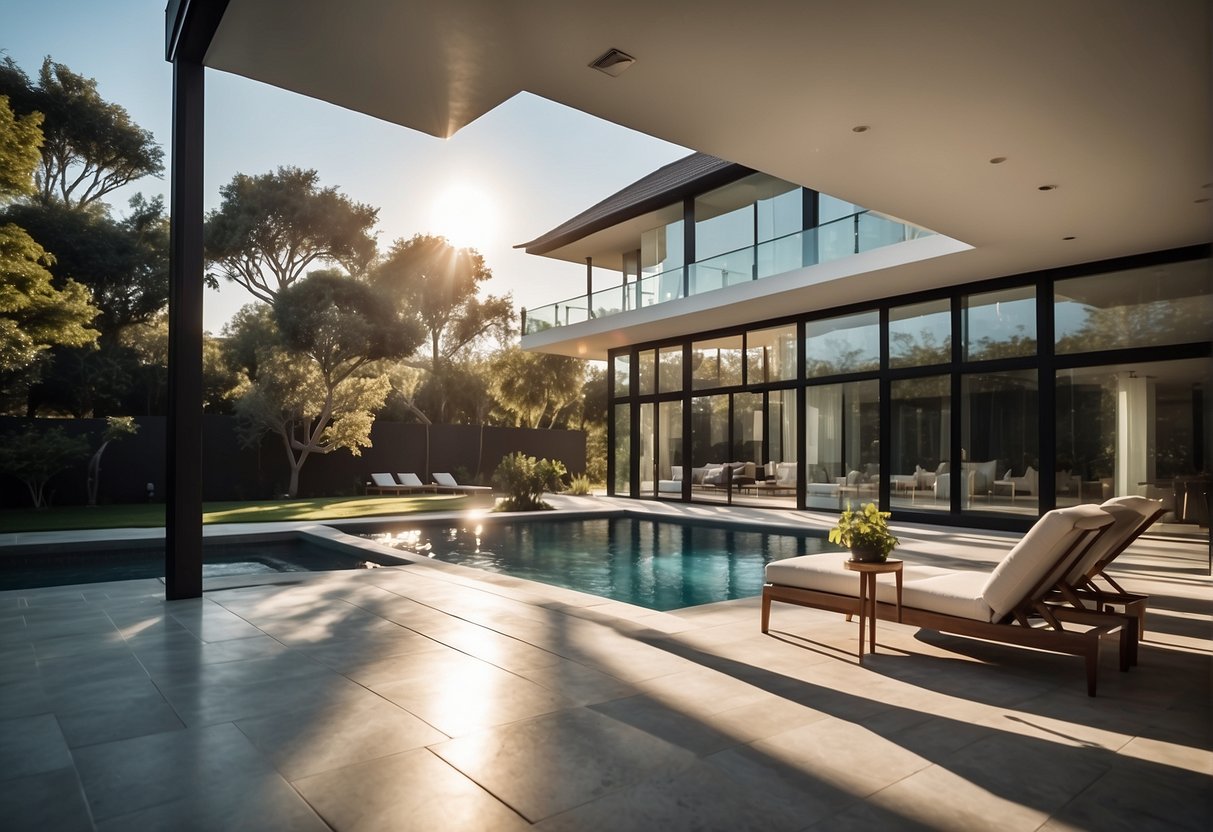 A luxurious home with modern architecture and high-end finishes. A spacious interior with natural light and elegant decor. A stunning outdoor space with a pool and lush landscaping
