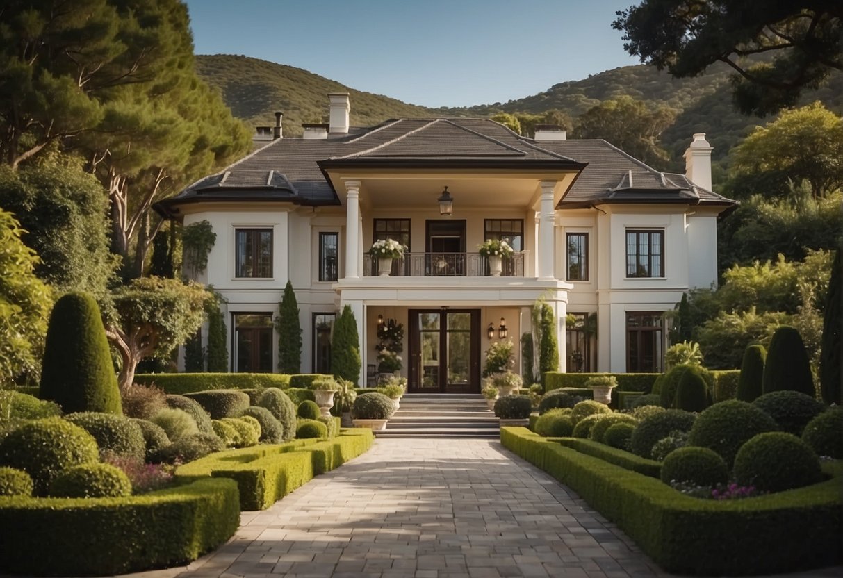 A luxurious home sits atop a hill, surrounded by lush greenery and a panoramic view. The exterior exudes elegance and sophistication, with a well-manicured garden and a grand entrance