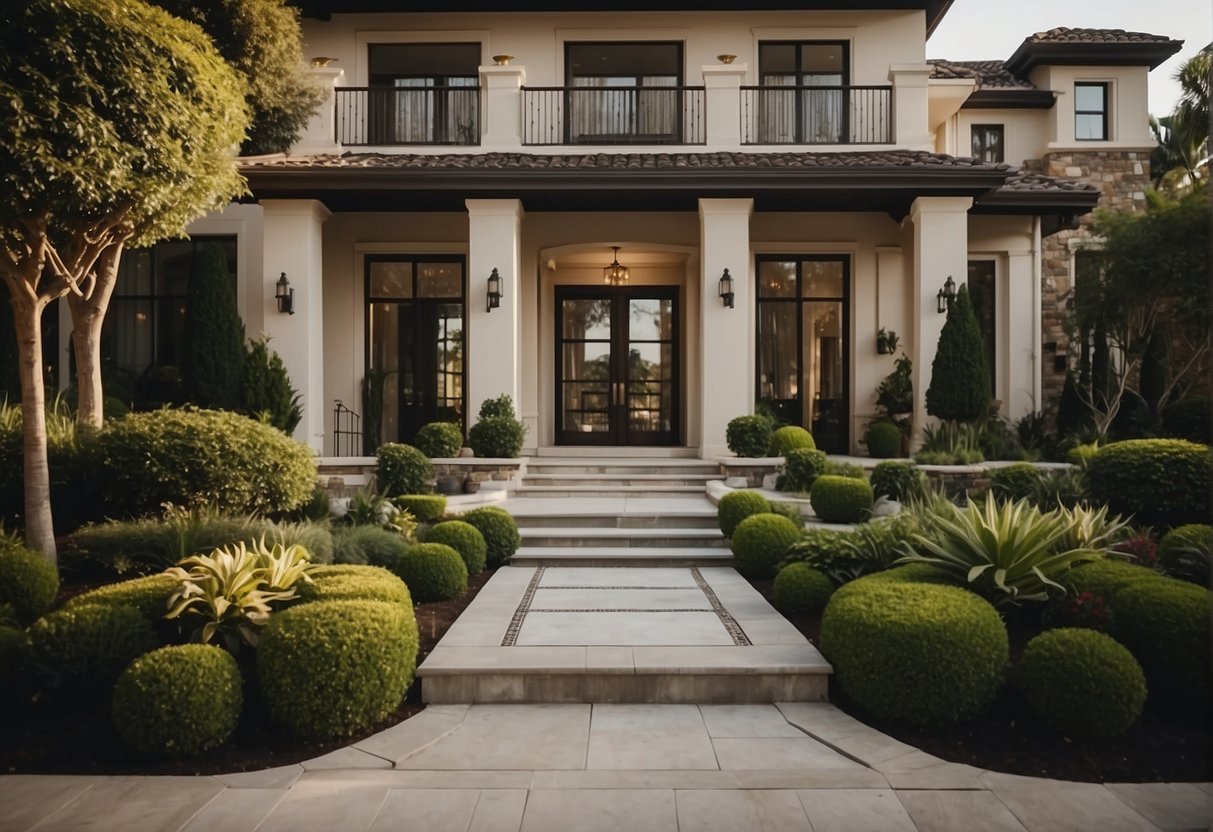 A luxurious home surrounded by lush landscaping, with a grand entrance and upscale exterior features. A sophisticated interior with high-end finishes and modern amenities, creating an elegant and desirable living space