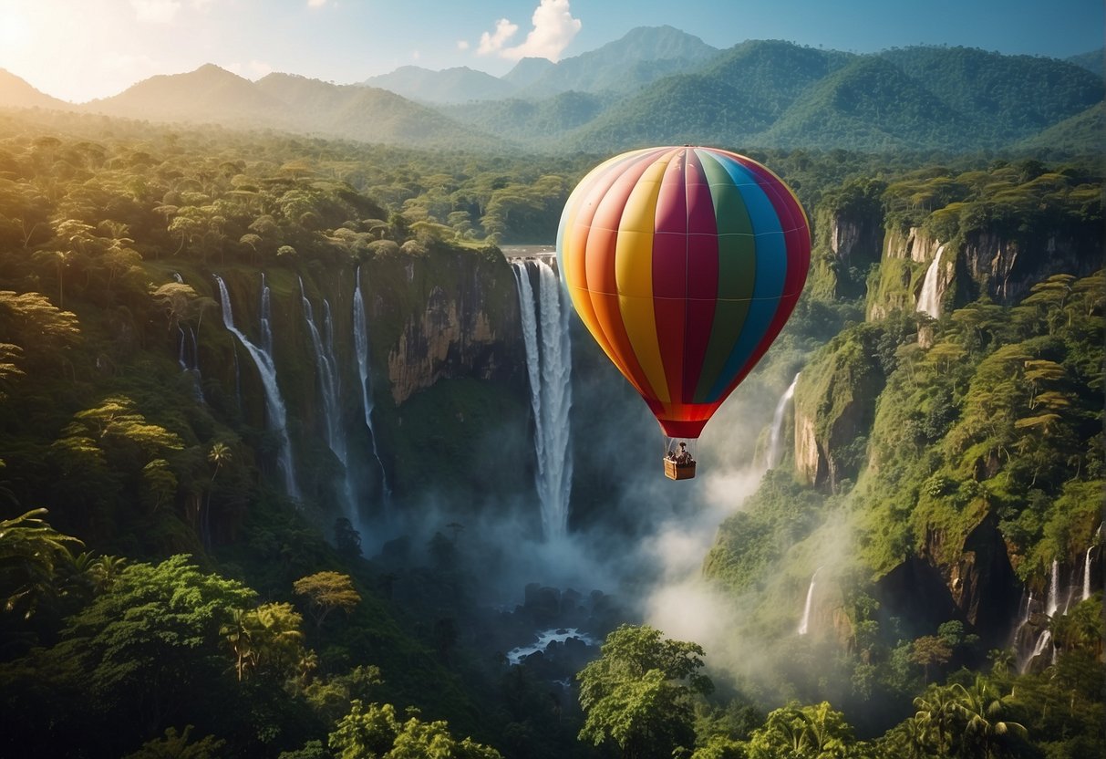 A colorful hot air balloon floats over a vibrant jungle, with a majestic waterfall in the background and exotic animals roaming below