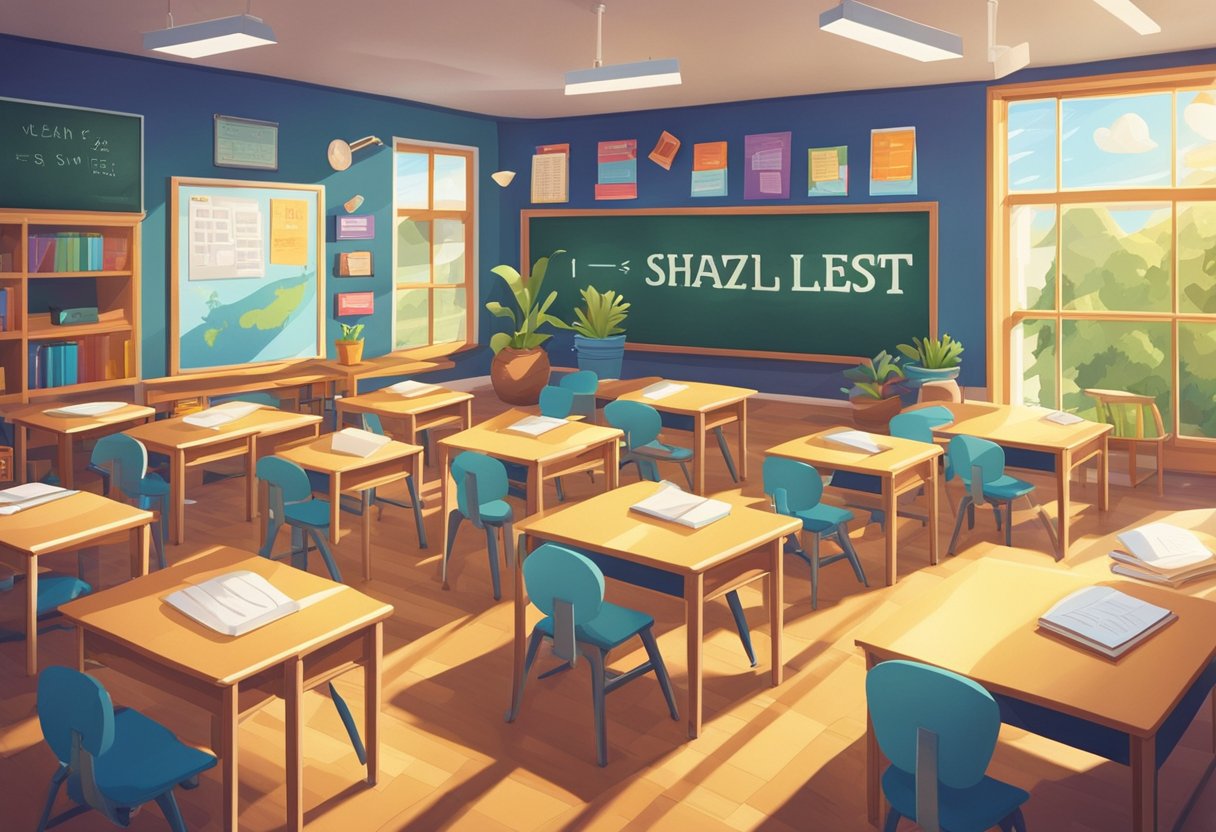 A classroom with colorful posters and desks arranged neatly, a chalkboard with "Quote List 51 - 75 classroom quotes" written in bold letters, and sunlight streaming through the windows