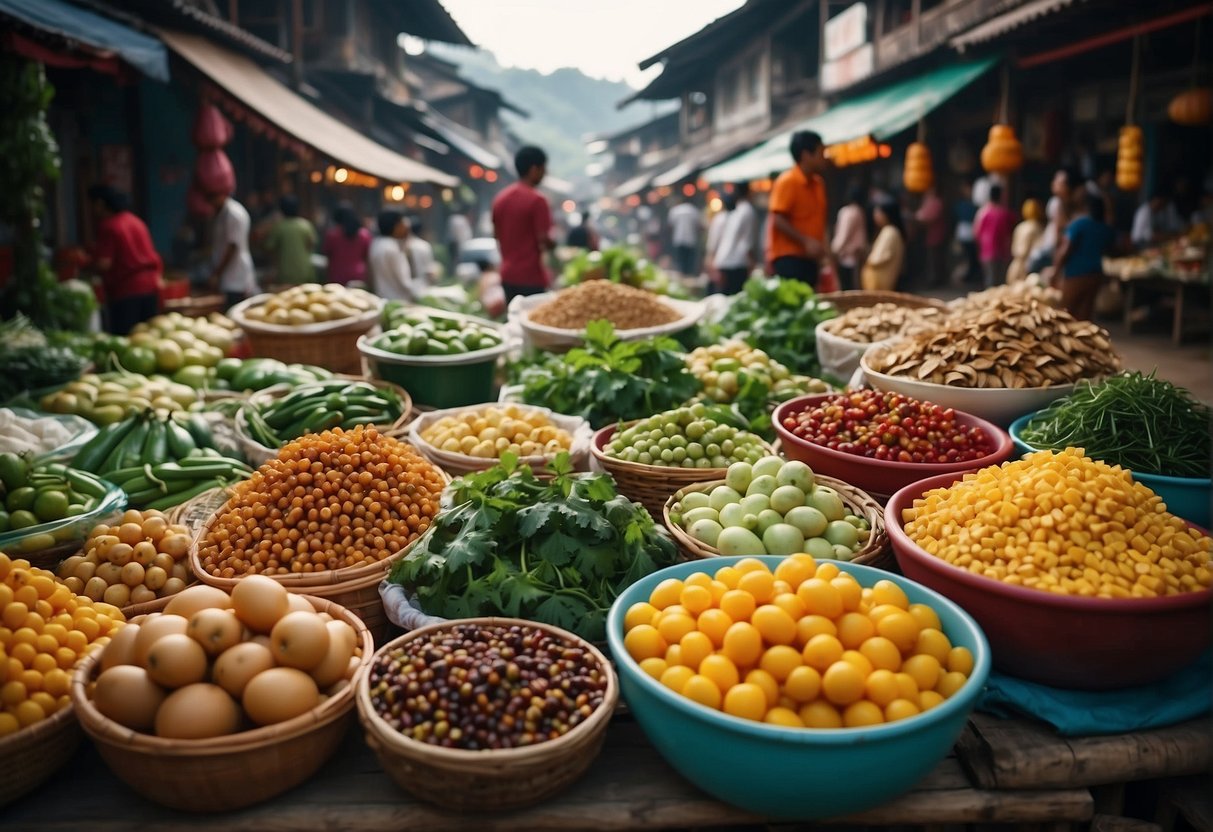 A bustling Asian market with colorful stalls and exotic goods, surrounded by ancient temples and lush green landscapes