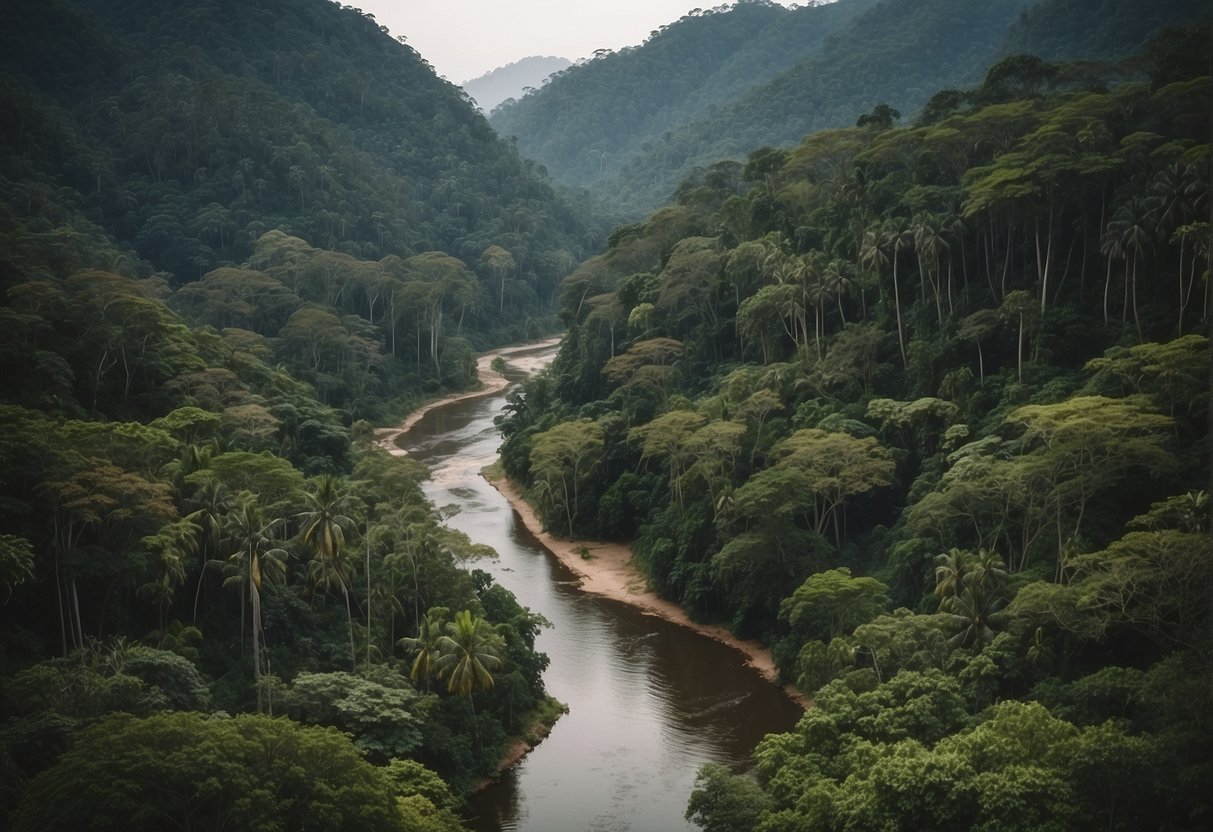 Lush Amazon rainforest with exotic wildlife, winding river, and vibrant indigenous village