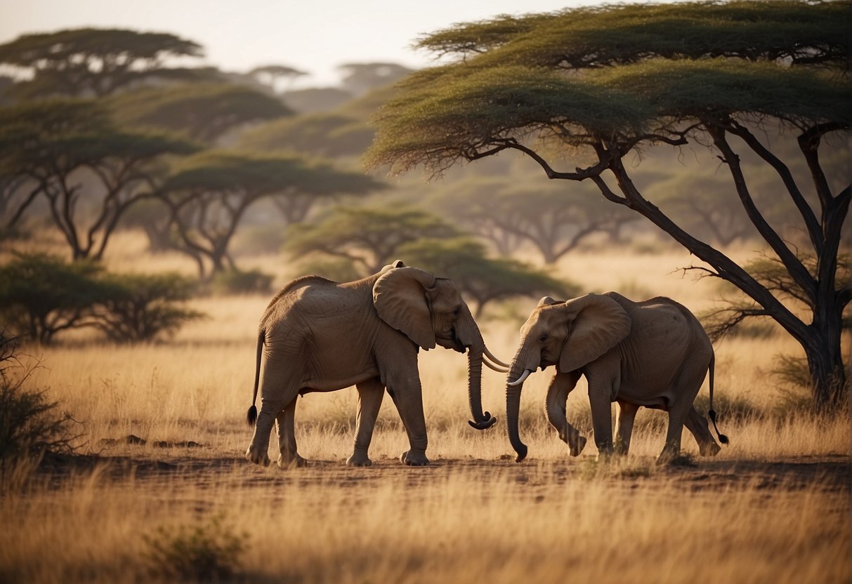 Lions roam the vast savannah, giraffes graze on acacia trees, and elephants gather at a watering hole in the African safari