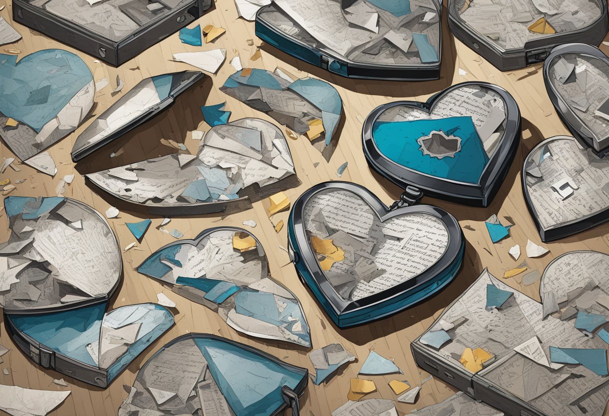 A broken heart-shaped locket lies shattered on the floor, surrounded by torn photographs and crumpled letters. A single tear stain marks a family portrait