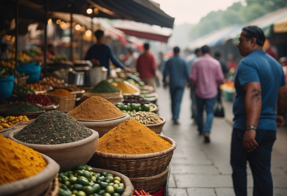 A bustling outdoor market with colorful stalls selling exotic spices, fresh produce, and local delicacies. The aroma of sizzling street food fills the air as curious travelers sample new flavors