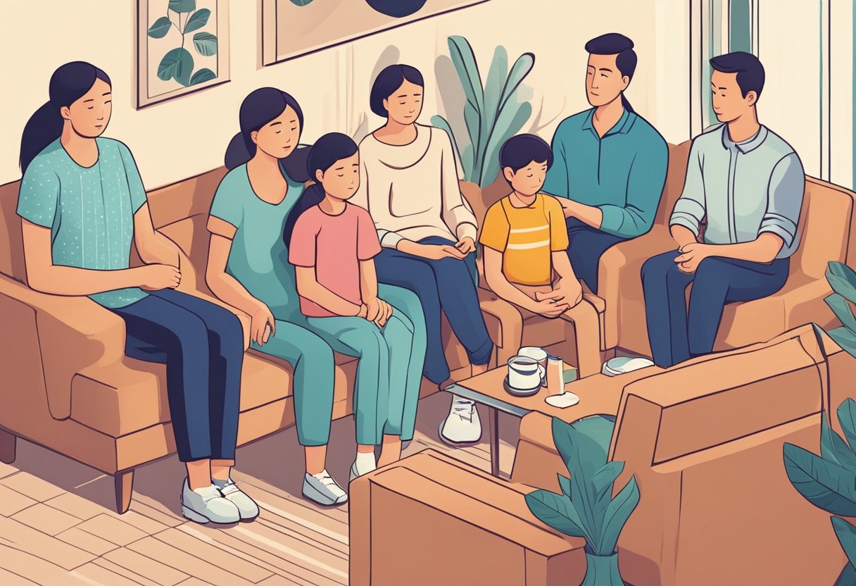 A family sitting together, tension evident in their body language. A parent looks worried, while a child appears upset. Another family member looks distant, reflecting the strain of familial problems