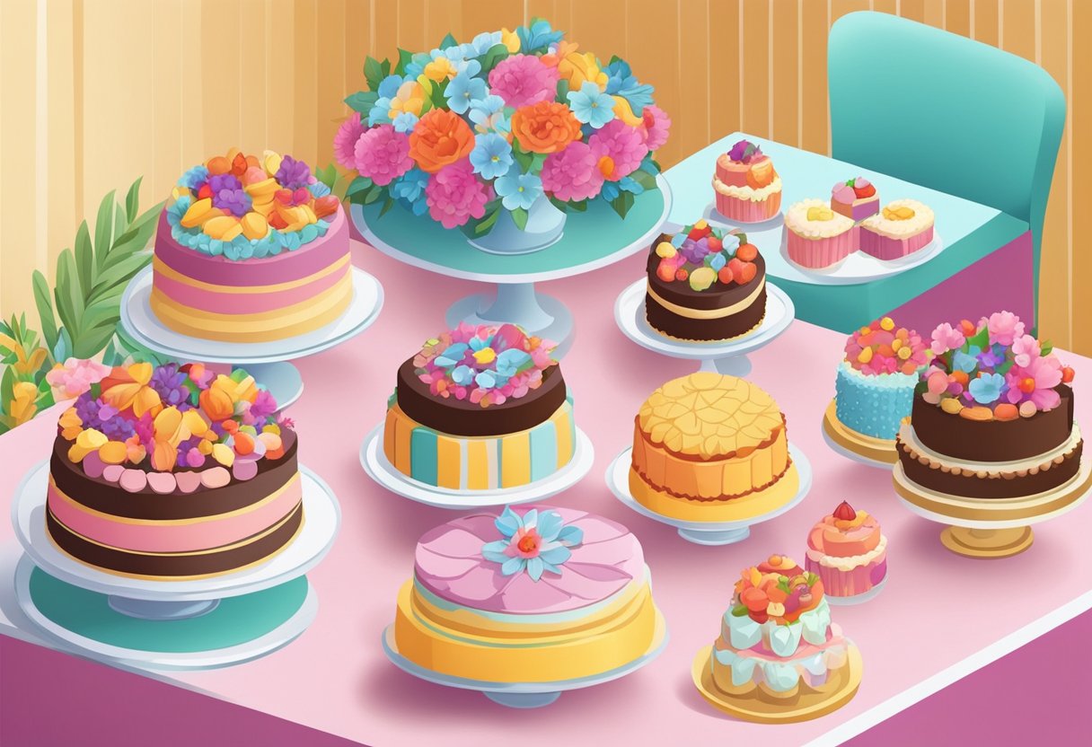 A table with a variety of beautifully decorated cakes, surrounded by colorful flowers and elegant cake stands