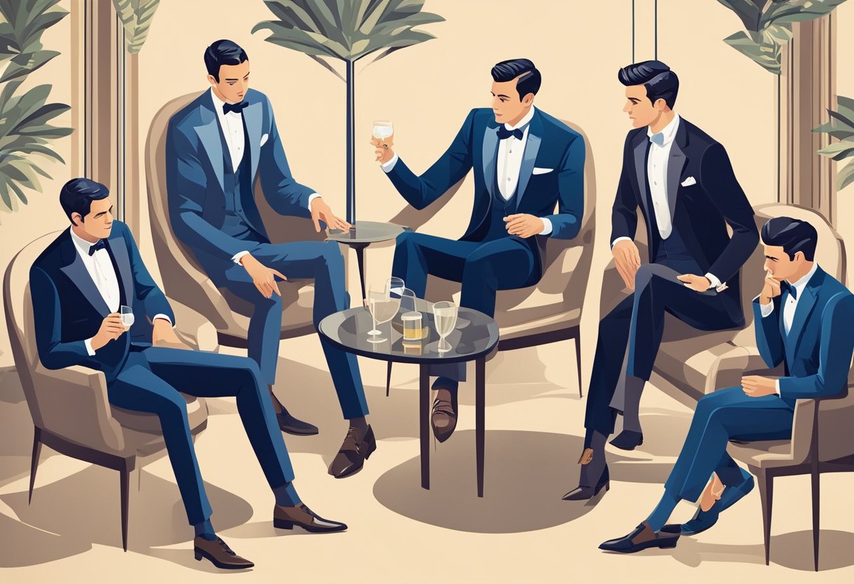 A group of elegant gentlemen in suits, gathered in a sophisticated setting, engaged in conversation and exuding confidence and refinement