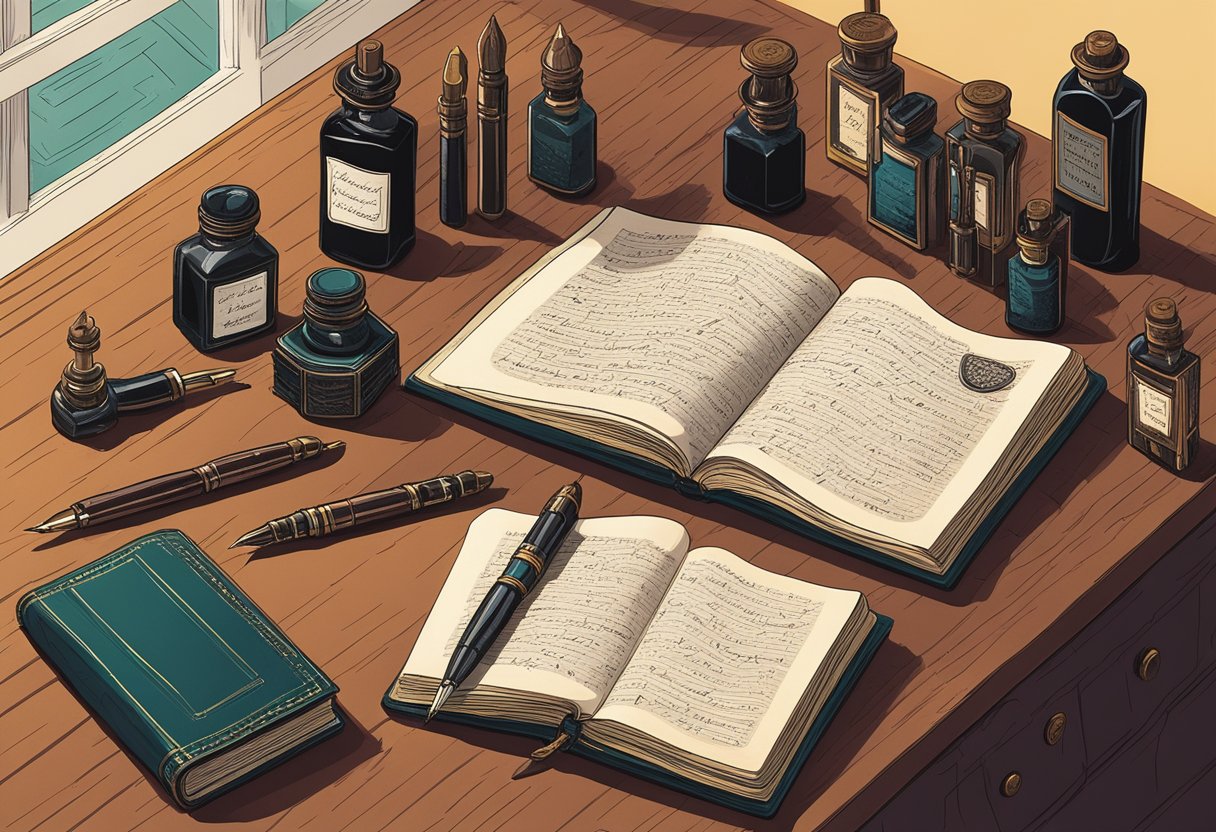 A row of elegant calligraphy pens and ink bottles arranged on a mahogany desk, with a leather-bound book open to a page filled with neatly written quotes