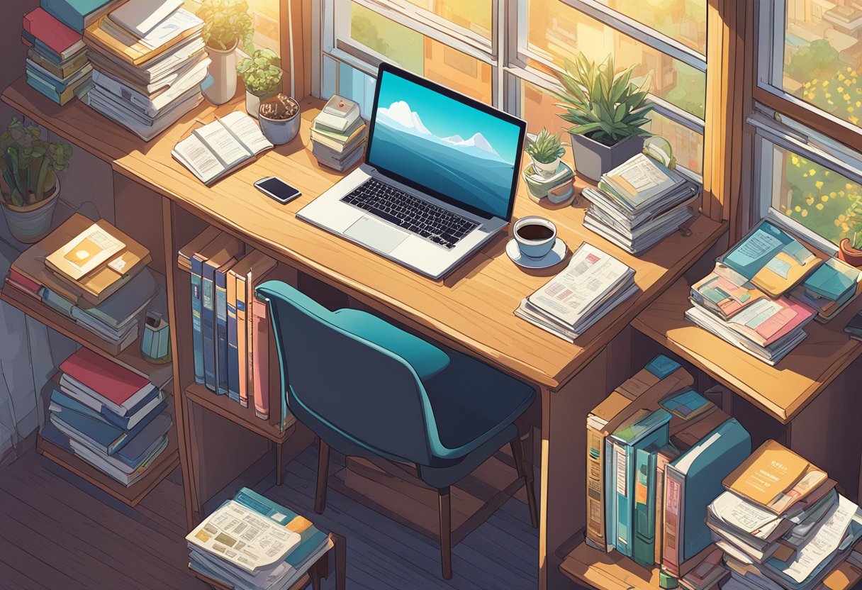 A cluttered desk with motivational posters, a laptop, and a cup of coffee. A bookshelf filled with business books. Sunlight streaming through a window