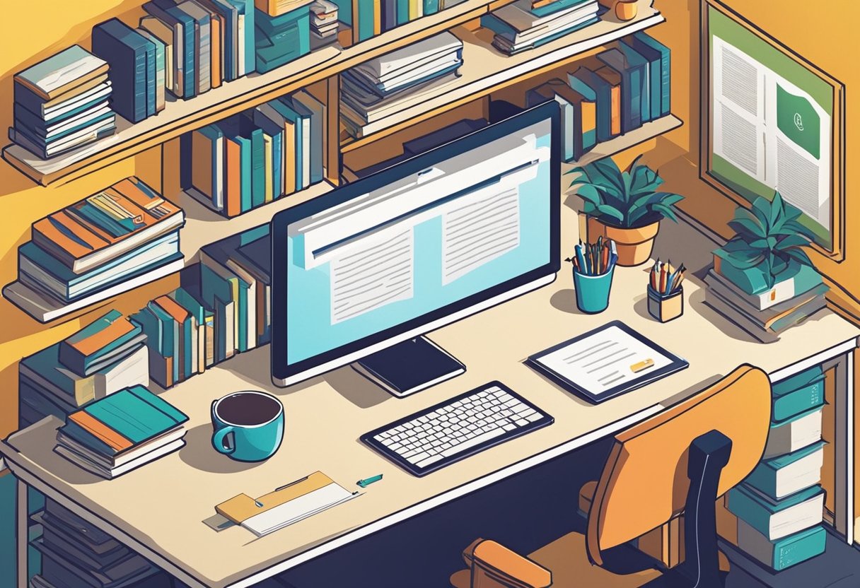 A desk with a pen, paper, and computer. A bookshelf filled with business and self-help books. A motivational poster on the wall