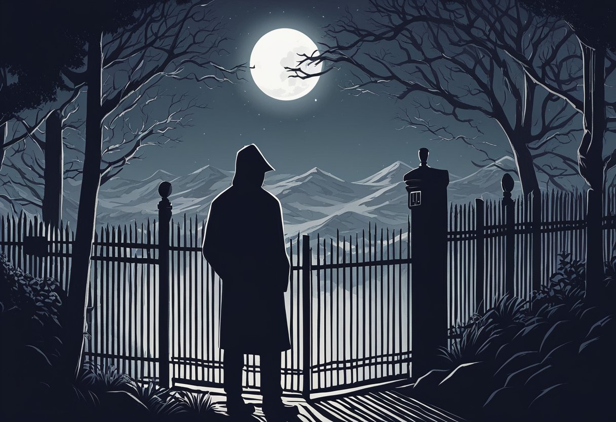 A shadowy figure lurks behind a fence, peering through the gaps with a sinister gaze. The moonlight casts an eerie glow on their face as they wait in the darkness