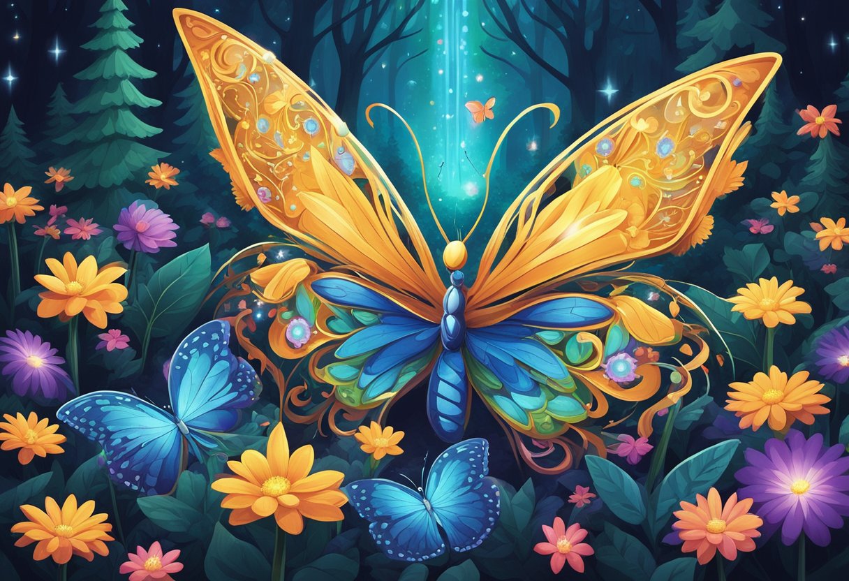 A radiant flower blooming in a dark forest, surrounded by vibrant butterflies and glowing fireflies, capturing the essence of inner beauty