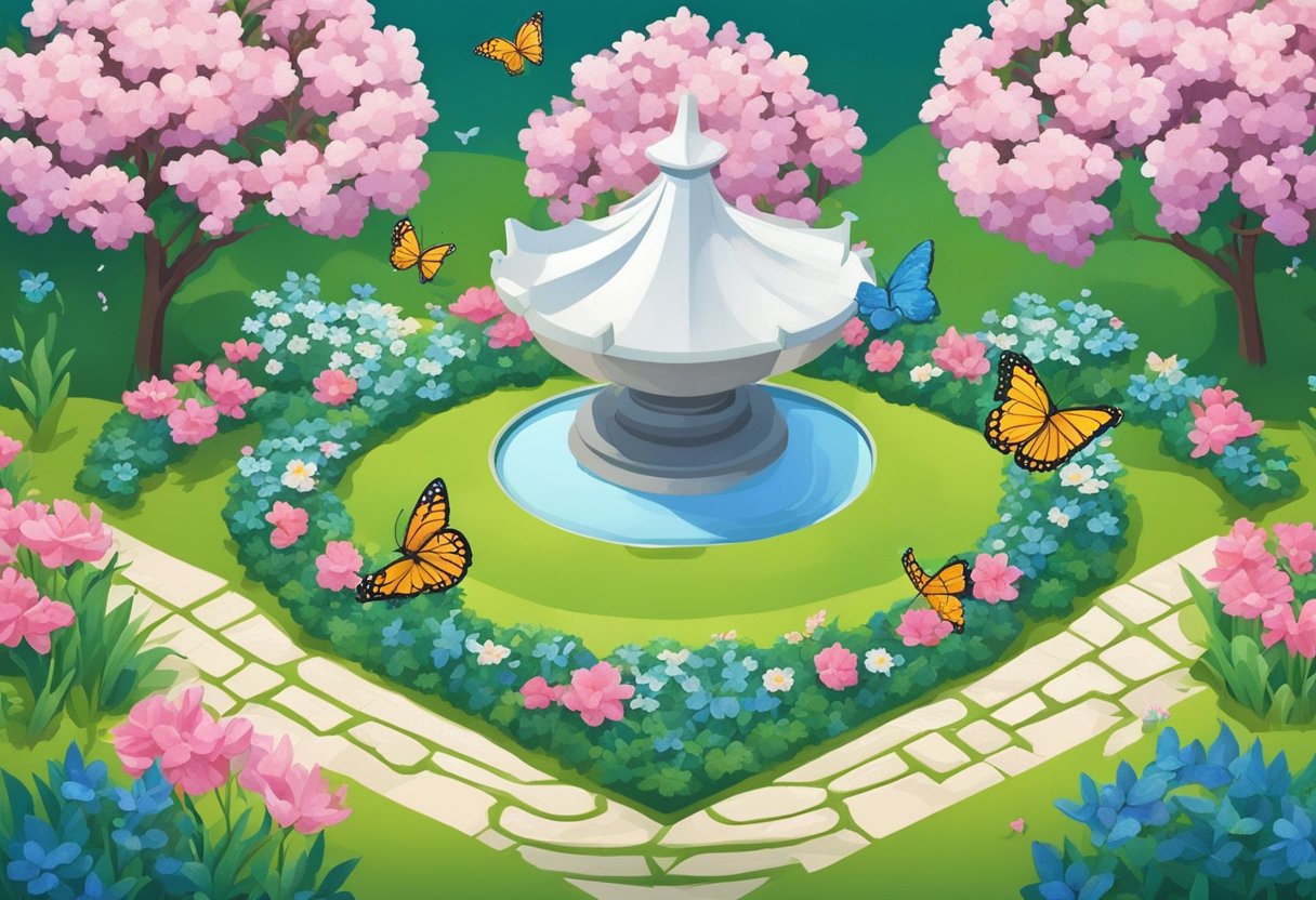 A serene garden with blooming flowers and butterflies fluttering around, symbolizing inner beauty