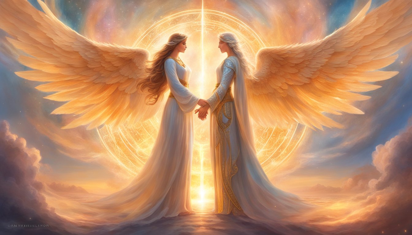 Two powerful angelic figures stand facing each other, surrounded by glowing numbers representing the twin flame reunion. The figures emanate a sense of divine connection and love