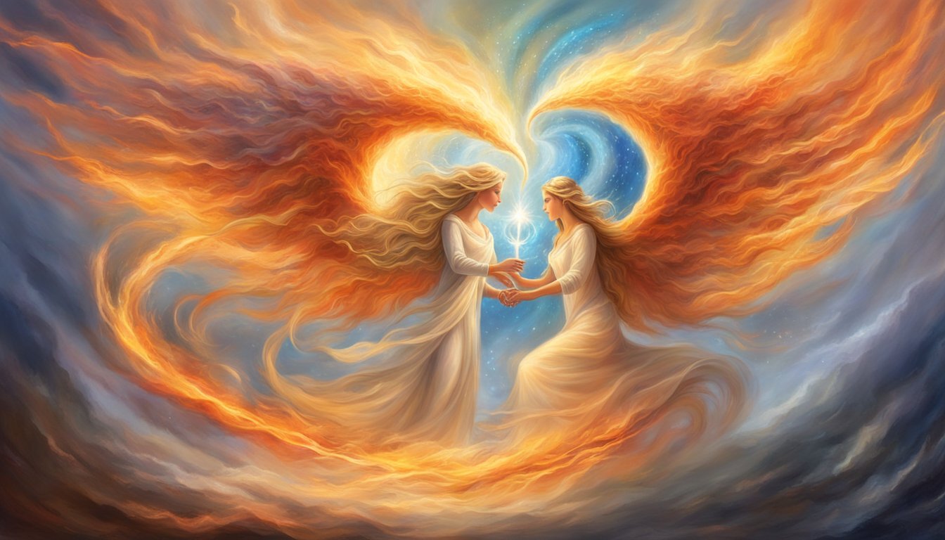 Two flames merge as angelic numbers swirl around them, conveying messages of powerful reunion