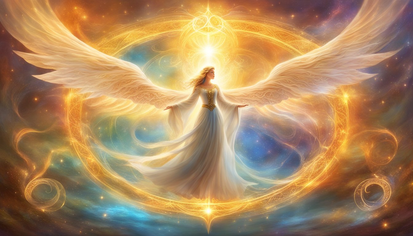 A radiant beam of light intertwines with swirling energy, surrounded by ethereal angelic symbols and numbers, creating a harmonious and powerful visual representation of twin flame reunion and spiritual frequencies