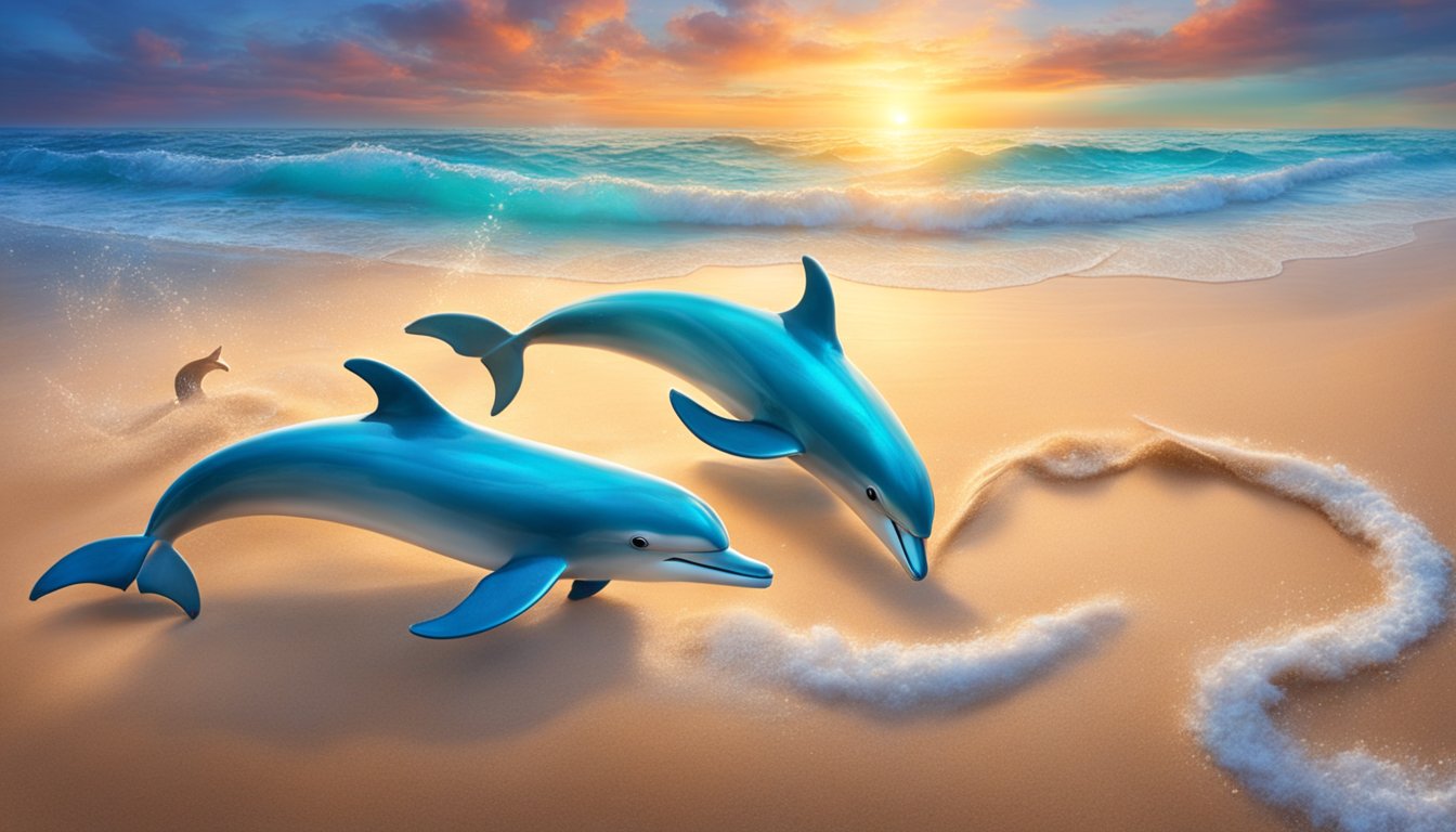 A serene beach at sunset with two seashells forming the number 11 in the sand, while a pair of dolphins leap in perfect unison from the sparkling waves