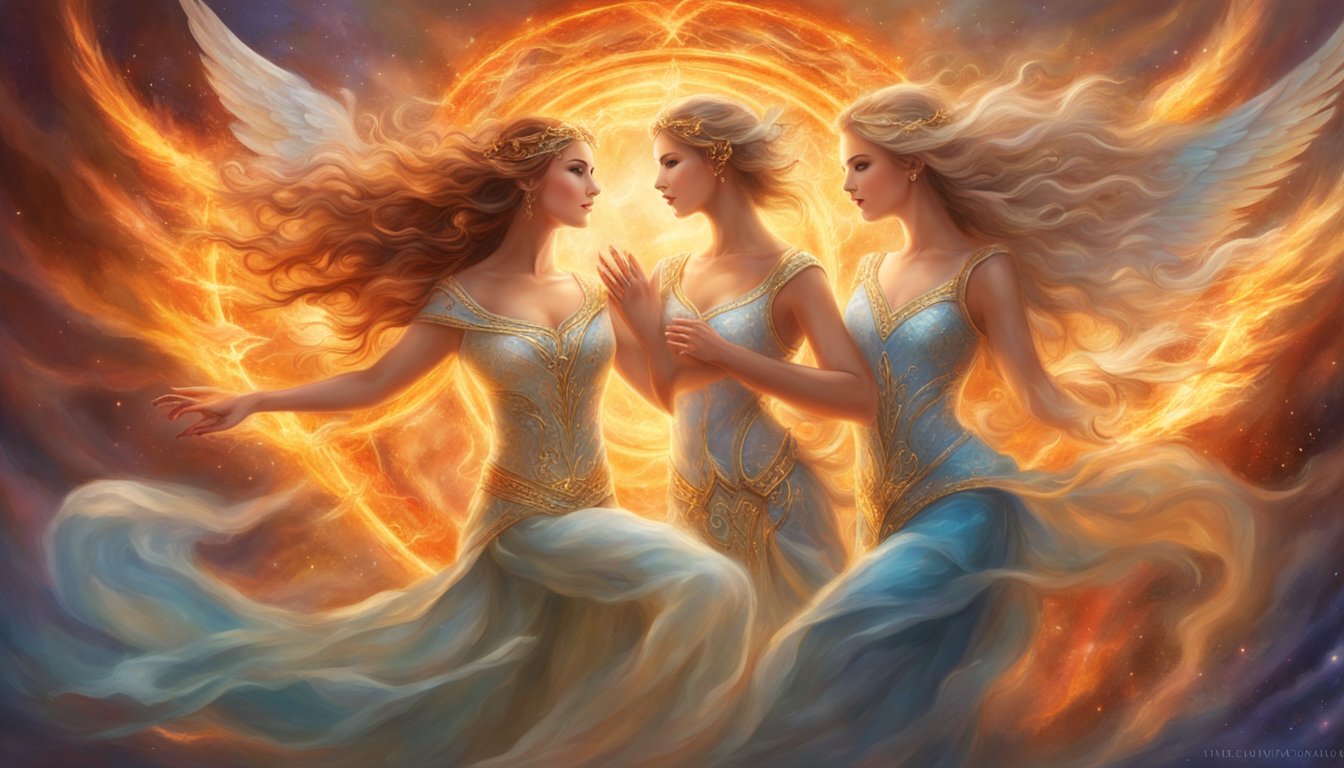 Two flames merge in a swirling dance, surrounded by angelic numbers and symbols. The energy crackles with power and determination, as they navigate through challenges towards a powerful reunion