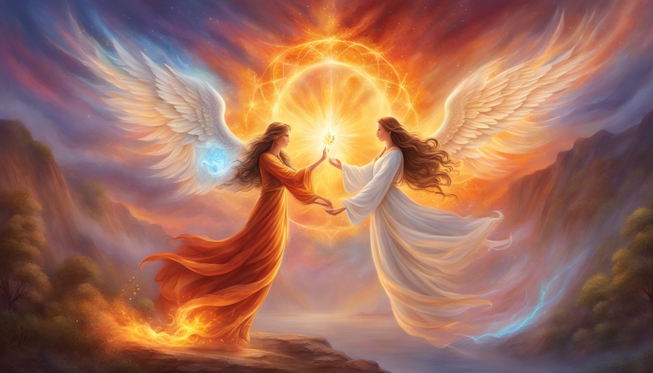 Two flames merge, radiating intense energy. Angelic numbers 11 and powerful messages surround the reunion, symbolizing divine connection