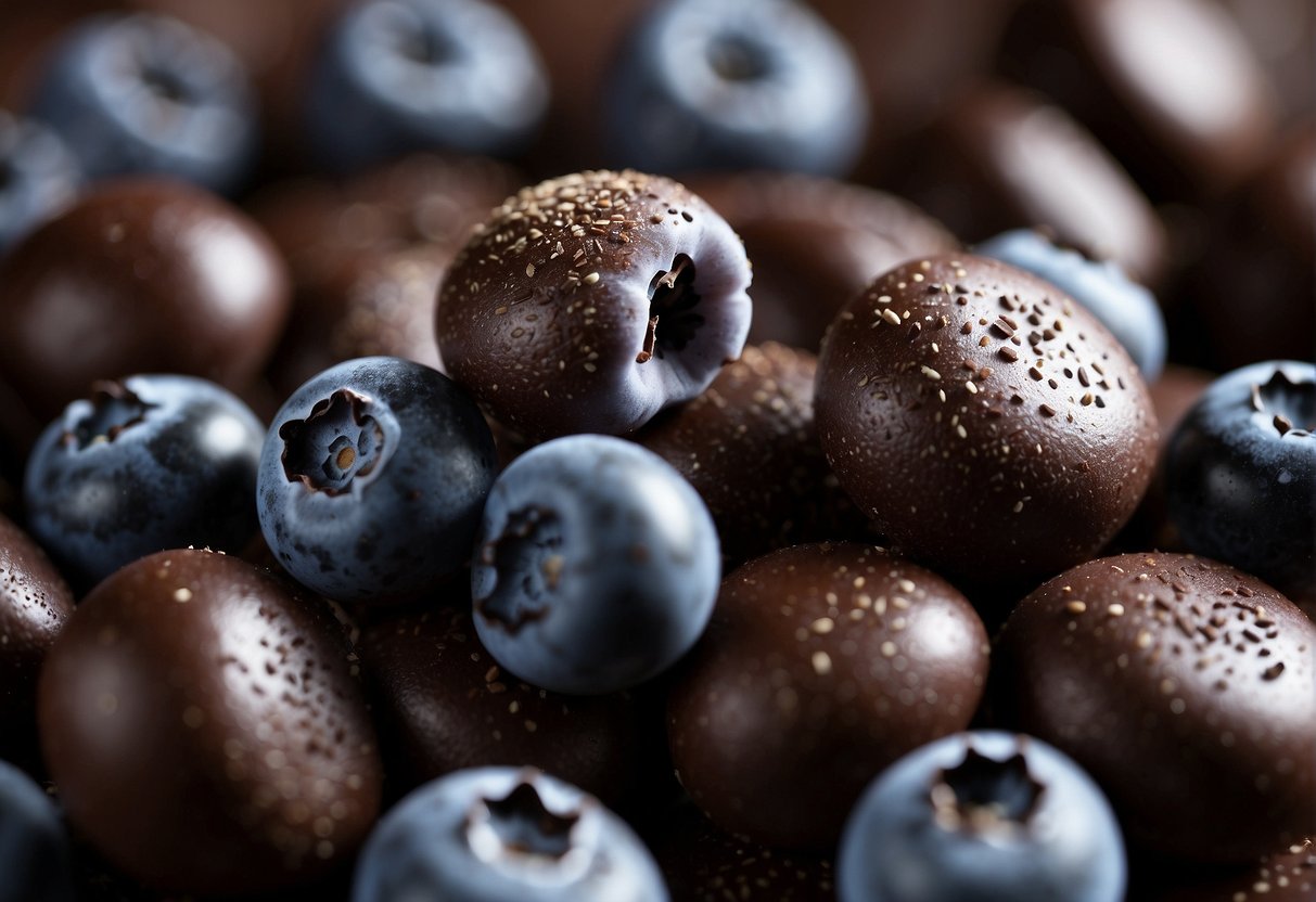 A pile of plump blueberries coated in rich, dark chocolate, with a few scattered cocoa nibs and a dusting of powdered sugar