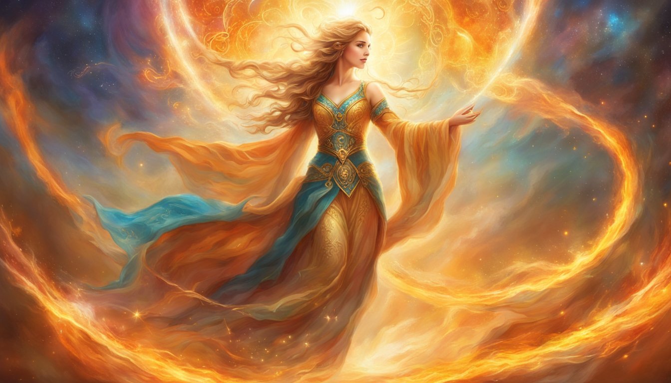 A bright, celestial figure hovers over two intertwining flames, surrounded by glowing numbers and symbols. The energy of reunion and connection is palpable in the air