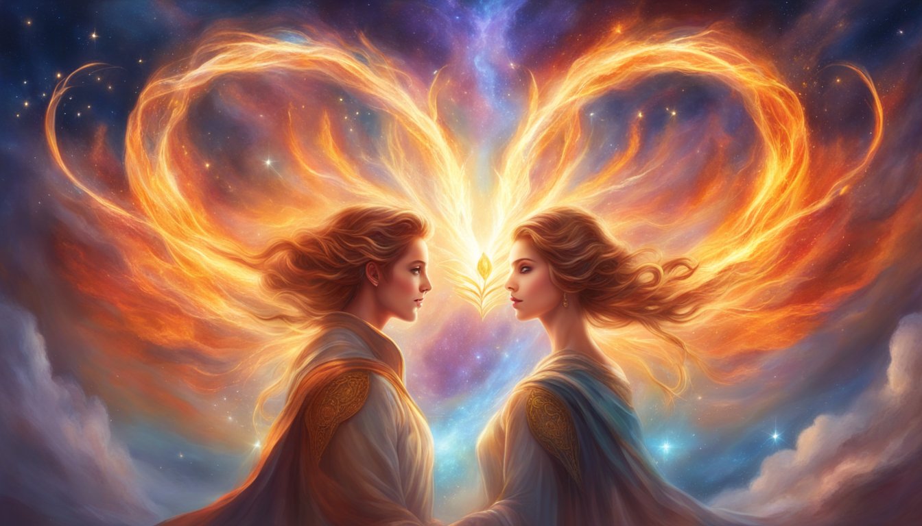A bright, celestial scene with two intertwined flames surrounded by the numbers 11, symbolizing a powerful twin flame reunion