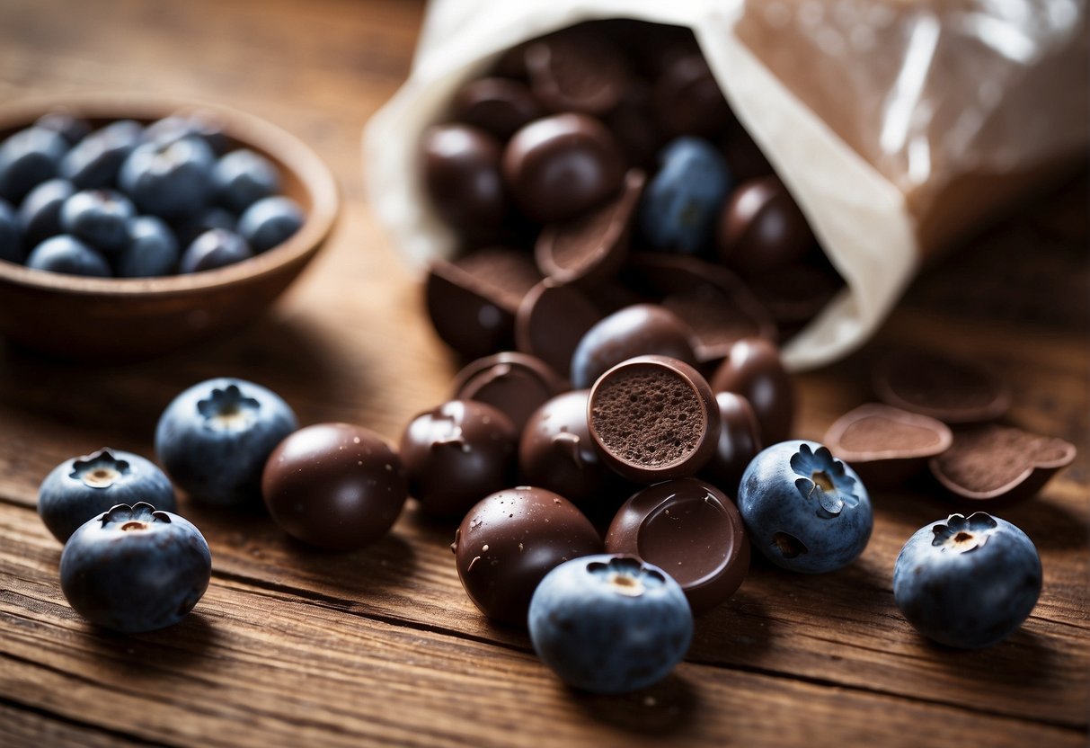 A bowl of chocolate-covered blueberries sits on a wooden table, surrounded by scattered blueberries and a spilled bag of chocolate chips