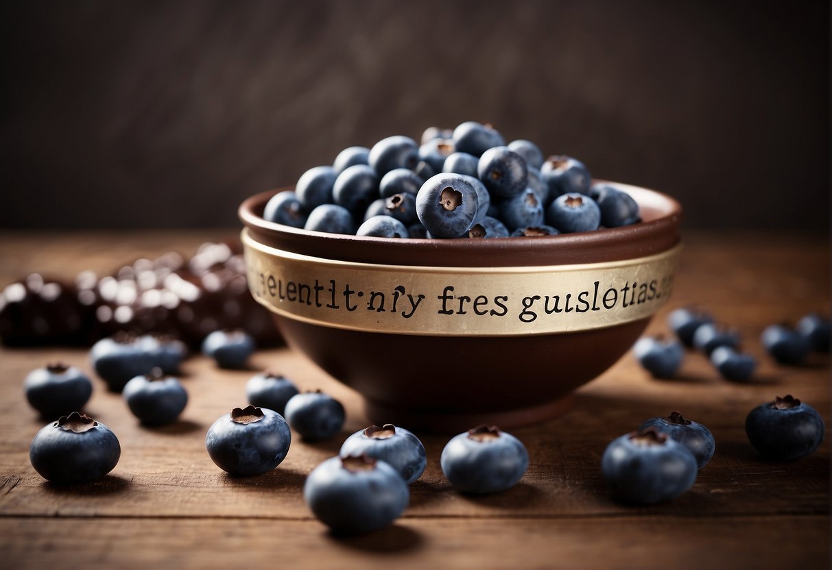 A bowl of chocolate-covered blueberries surrounded by scattered blueberries and a sign reading "Frequently Asked Questions" in a whimsical font