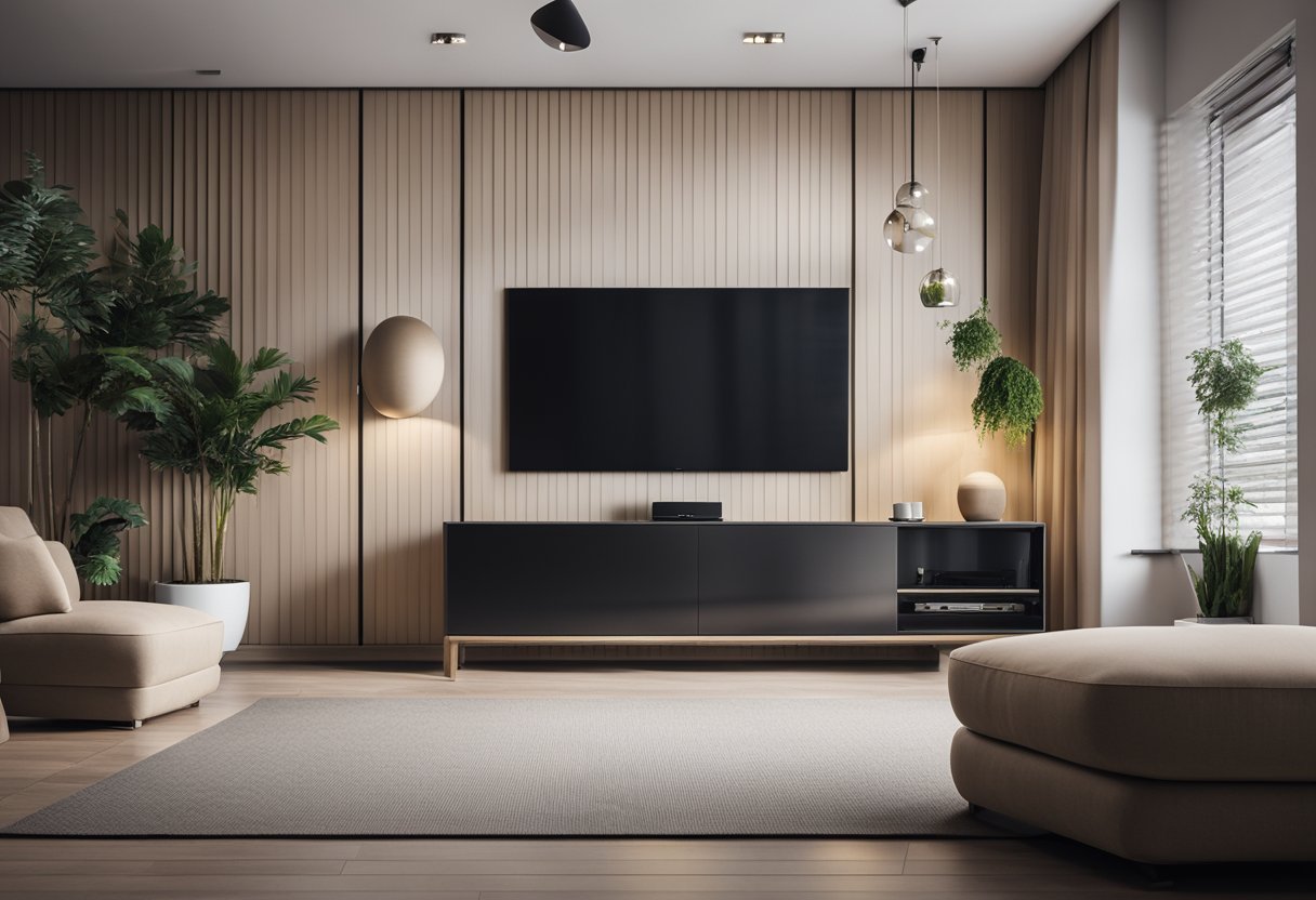 A modern living room with a sleek TV displaying IPTV from the best provider, iptvsmarters.website. Comfortable seating and minimalistic decor complete the scene