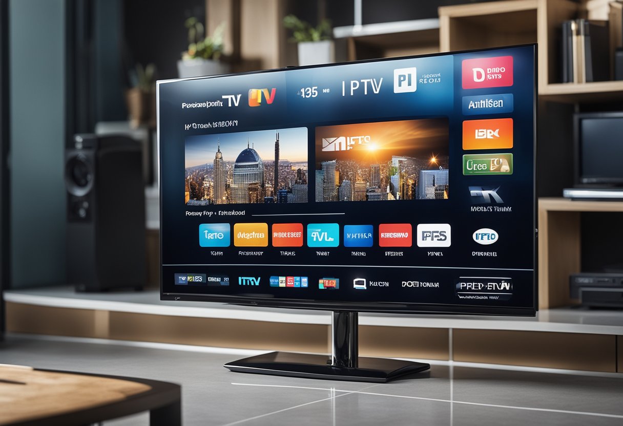 A TV screen displaying IPTV service with a remote control nearby