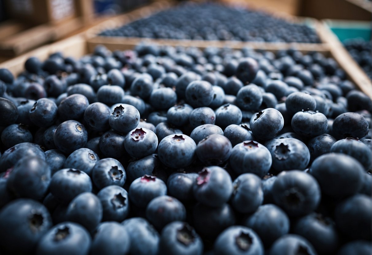 A display of fresh blueberries in Costco, arranged neatly in containers, with vibrant blue hues and plump, juicy fruits